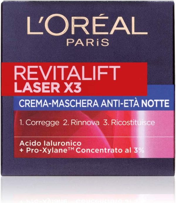 L'Or??al Paris Crema Viso Notte Revitalift Laser X3, Azione Antirughe Anti-Et?? con Acido Ialuronico e Pro-Xylane, 50 ml - immagine 2