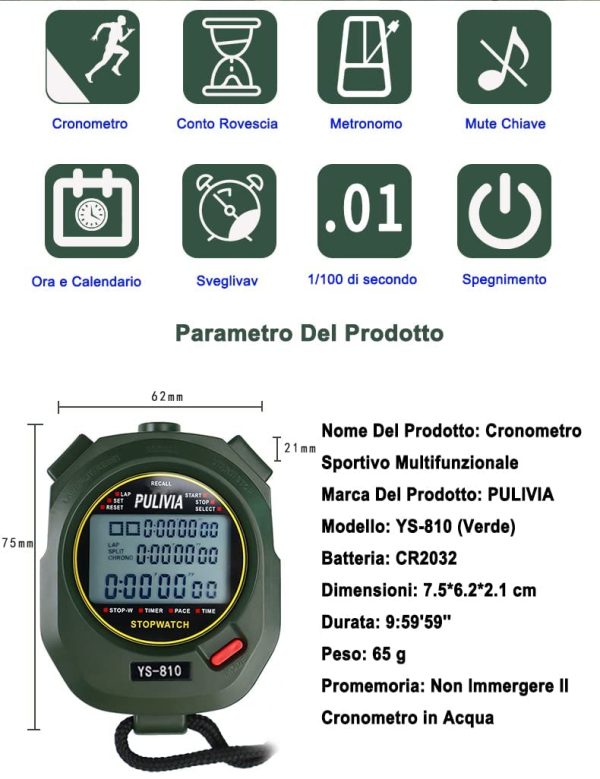 PULIVIA Cronometro Sportivo, Digitale Cronometro Sportivo Conto alla Rovescia Orologio, 12/24 Ore Calendario Sveglia, Adatto a Nuoto Corsa Allenamento Calcio Allenatori Attrezzatura Arbitro - immagine 3