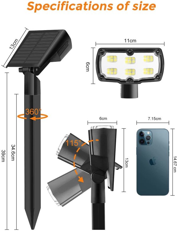 Luci Solari da Esterno, 36 LED Faretti Solari da Giardino, Cortile, Vialetto, Piscina e Campeggio Impermeable IP67 - Bianco Freddo (2 Pezzi) - immagine 8