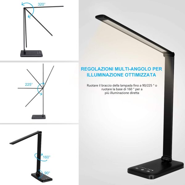 Lampada da Scrivania, lampada da tavolo con funzione di protezione degli occhi, lampada con 10 livelli di luminosit??, 5 modalit?? di illuminazione, tocca controllo, porta di ricarica USB - immagine 3