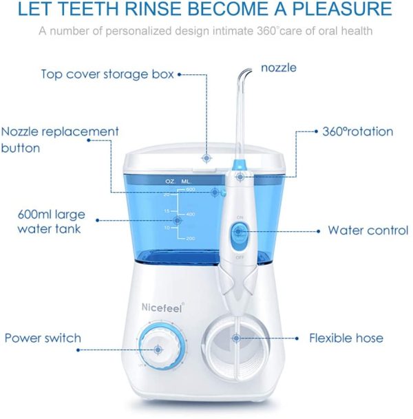 Idropulsore Dentale Professionale,TUREWELL Irrigatore Orale Getto Acqua Denti da Capacit?? 600ml con 10 Impostazioni,Pulizia Doccetta Idropulitore Dentale con 8 Becchucci per Cura Famiglia Cura Dentale - immagine 7