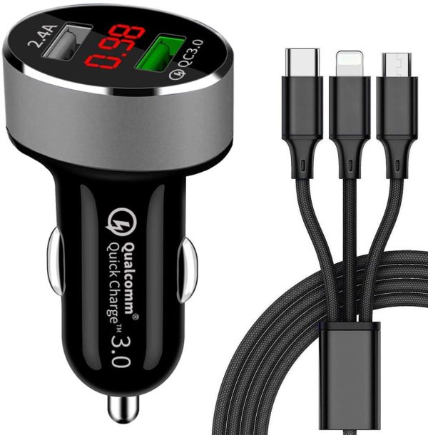 Quick Charge 3.0 Caricabatteria per auto, Caricatore veloce, Adattatore per caricatore da auto doppio USB Con Visualizzazione Della Tensione Amperometro per Samsung iPhone Smartphone - immagine 4