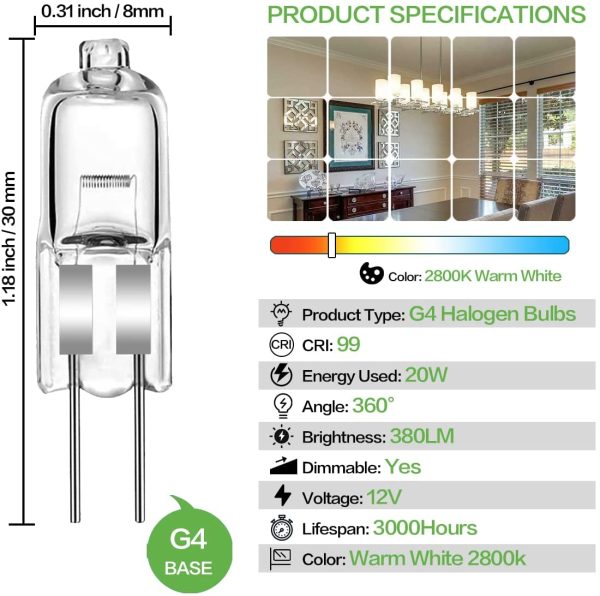 G4 Lampadine, eastoyo G4 12V 20W Lampadina Alogena, Bianco Caldo 2800K, 380LM, Dimmerabile Led G4 Alogeno Lampadina Delle Capsule per Iluminazione da Cucina, Luci di Segnalazione, 12 Pezzi - immagine 4