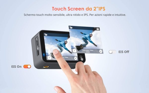 Action Cam Nativo 4K 60fps 20MP Touch Screen Wi-Fi videocamera con Zoom 8X Nuova EIS Anti-Shake, Custodia fotocamera subacquea Impermeabile 40m, Regolabile Microfono Esterno, 2x1350mAh Batterie - immagine 9