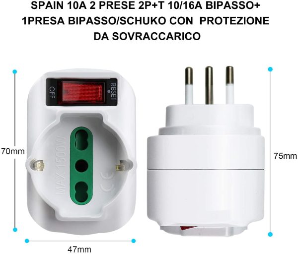 Adattatore Multipresa Tripla,con protezione sovraccarico ed interruttore,Adattatori da Schuko a Spina Piccola 10A,Spina Rotante,Bianco,Confezione da 2 - immagine 2