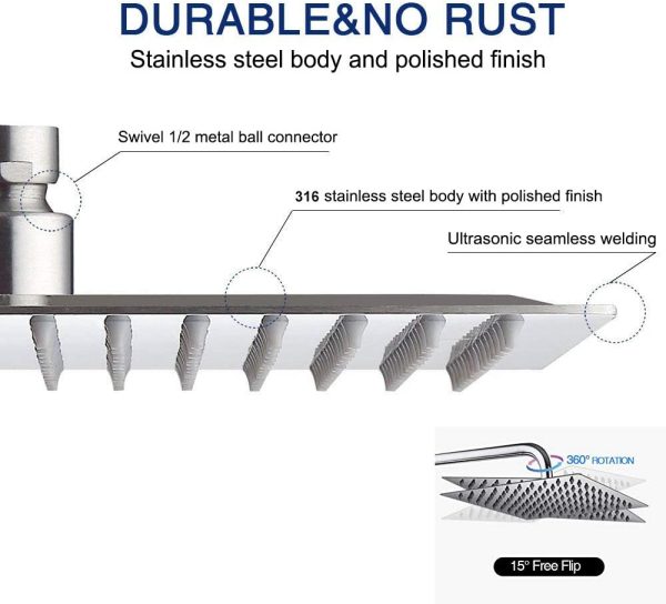 10 Pollici Soffione Doccia a Pioggia Anticalcare ad Alta Pressione in 316 Acciaio Inox Testa di Doccia Lucido Ultra Sottile Quadrato 25 Centimetri Argento - immagine 5