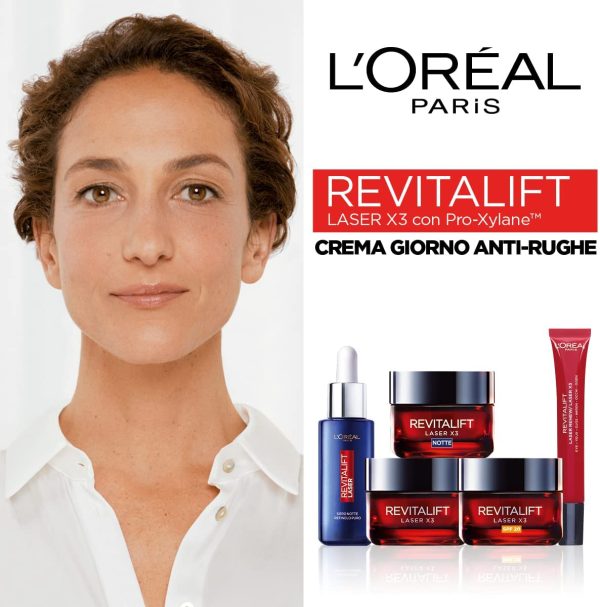 L'Or??al Paris Crema Viso Giorno Revitalift Laser X3, Azione Antirughe Anti-Et?? con Acido Ialuronico e Pro-Xylane, 50 ml