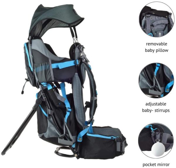 DROMADER Zaino-porta-bambini Wombat | Peso massimo del bambino 22 kg | Sistema portante 3D Opti-fit | Specchietto laterale retrovisore | Tettino parasole e cappuccio parapioggia | nero e blu