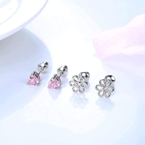 CASSIECA 3 Paia Kids Orecchini in Argento Sterling per Bambini Ragazze Orecchini Pinker CZ Orecchini Cuore Orecchino Zircone Orecchini Margherita Orecchini Ipoallergenico Orecchini Set - immagine 5