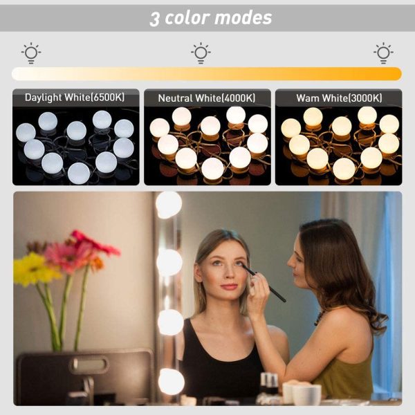 Luci da Specchio, Luci LED Stile Hollywood per Trucco Lampadine Regolabili 10 Pezzi da Bagno 3 Modalit?? Colore con Porta USB, Applica a Lampada Trucco, Specchio Cosmetico, Lampada Specchio Bagno - immagine 5