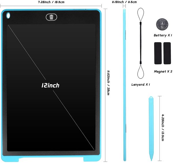 Tavoletta Grafica LCD Scrittura Colorato 12 Pollice, Elettronica Lavagna Cancellabile da Disegno con Penna, Portatile Lavagnetta per Bambini Digitale Ewriter con Pulsante Elimina, Blu - immagine 2