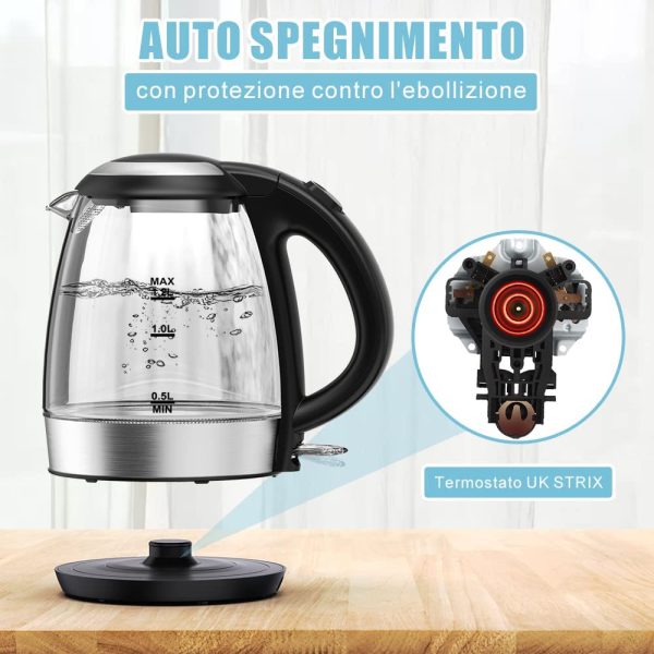 Bollitore Acqua Elettrico, 1.2L, 1500W Bollitore Elettrico in Vetro Con Luce Led a Riscaldamento Rapido , Spegnimento Automatico e Protezione Boil-Dry, BPA Free, Teiera Elettrica da Appoggio - immagine 3