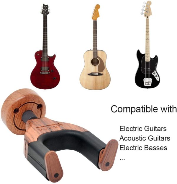 Ganci da parete per chitarra, supporti per chitarra, con blocco automatico, per chitarra acustica, elettrica, classica, supporto per basso, accessori per chitarra (2 pezzi in mogano) - immagine 2