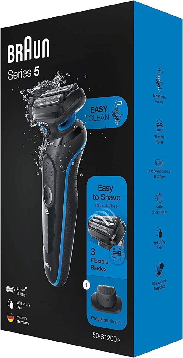 Braun Series 5, Rasoio Elettrico Barba Accessorio di precisione Incluso, con Lame Flessibili, Base di Ricarica, Uso a Secco o Sotto Acqua, Idea Regalo, 50-B1200s Nero e Blu