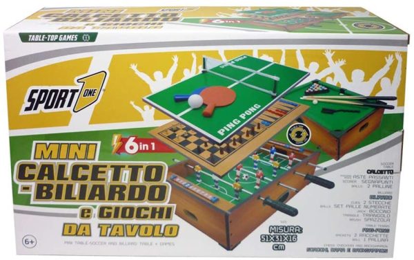 Sport One Calcetto e biliardo da appoggio, Gioco da tavolo 6 in 1, Calcetto balilla misure 51x31x16cm, Bigliardino da casa con giochi da tavola: ping pong, scacchi, dama, backgammon, Legno - immagine 3