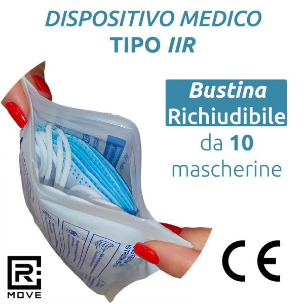 100 mascherine chirurgiche in confezioni richiudibili da 10 ad alta filtrazione BFE ?? 98% IIR CE Dispositivo Medico di classe I, CERTIFICATE CE R MOVE - immagine 4