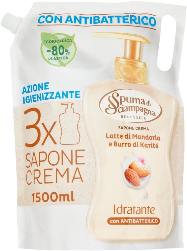 Spuma Di Sciampagna Ecoricarica Sapone Liquido Mani Latte Di Mandorla E Burro Di Karit?? - 1500 Ml - immagine 2