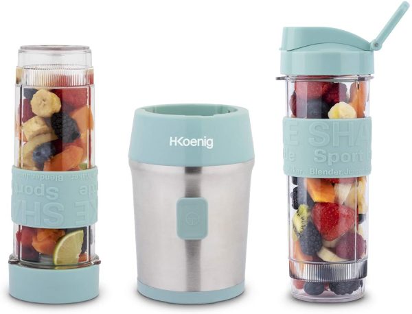 H.Koenig Mini frullatore portatile SMOO16,Compatto 570ml,Senza BPA,4 Lame Inox,300W,2 Bottiglie Portatili,2 Coperchi da Viaggio,Mixer per Smoothie - immagine 6