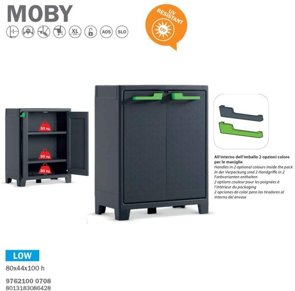 Keter Armadio basso Moby formato XL - Armadio Impermeabile Certificato Ipx3 per garantire resistenza agli agenti atmosferici - 80x44x100 cm