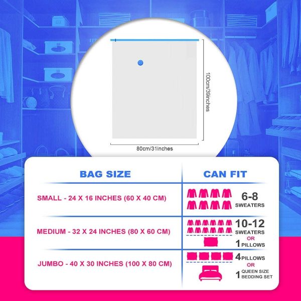 Sacchetti Salvaspazio Sottovuoto per Vestiti, Buste Sottovuoto Piumoni??6 Sacchi (2 Jumbo + 2 Grandi + 2 Piccoli) - immagine 7