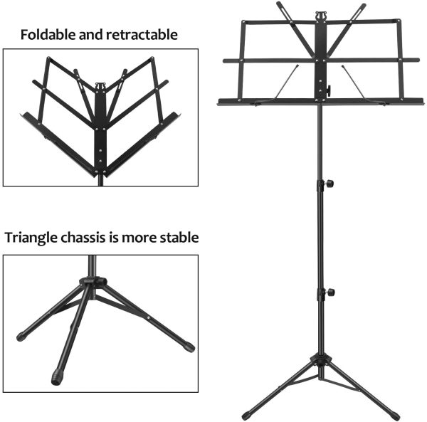 MARTISAN Leggio Musicale Robusto Portatile e Pieghevole Leggio in Metallo, Altezza Regolabile Leggio, Leggero e Compatto per Riporre o Viaggiare con la Borsa per il Trasporto, Nero - immagine 6
