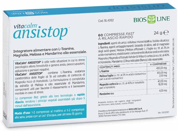 BIOS LINE VitaCalm Ansistop, 60 Compresse di integratore stress con L-Teanina, Magnolia e Melissa, Integratore rilassante che favorisce il benessere mentale, Senza glutine e adatto a vegani