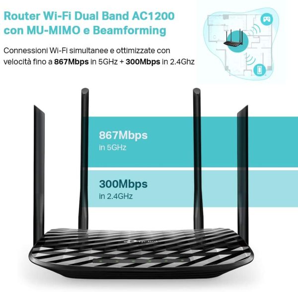 Archer C6 Gigabit Router Wi-Fi Dual Band AC1200 Wireless, 5 Porte Gigabit, 4 Antenne Esterne e 1 Antenna Interna, 2.4GHz/5GHz, Modalit?? Access Point, MU-MIMO, Rete Ospite, Nero - immagine 3