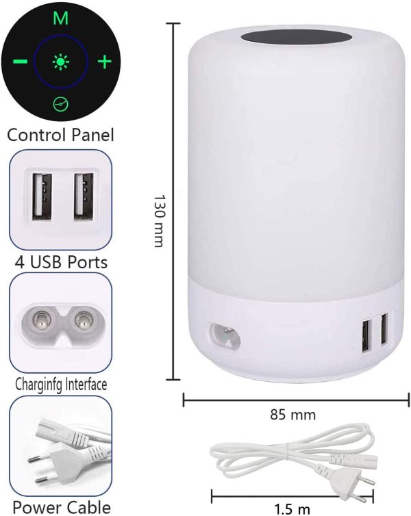 salipt Luce Notturna LED, 4 Porte di Ricarica USB, Lampada da Comodino Intelligente, Controllo Tattile, Dimmerabile, Colore che Cambia RGB per Bambini, Camera da Letto e Ufficio (Bianco Caldo) - immagine 6