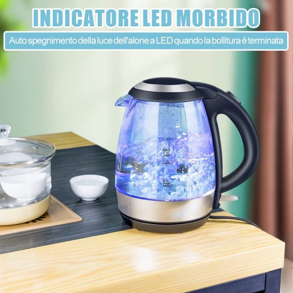 Bollitore Acqua Elettrico, 1.2L, 1500W Bollitore Elettrico in Vetro Con Luce Led a Riscaldamento Rapido , Spegnimento Automatico e Protezione Boil-Dry, BPA Free, Teiera Elettrica da Appoggio - immagine 2