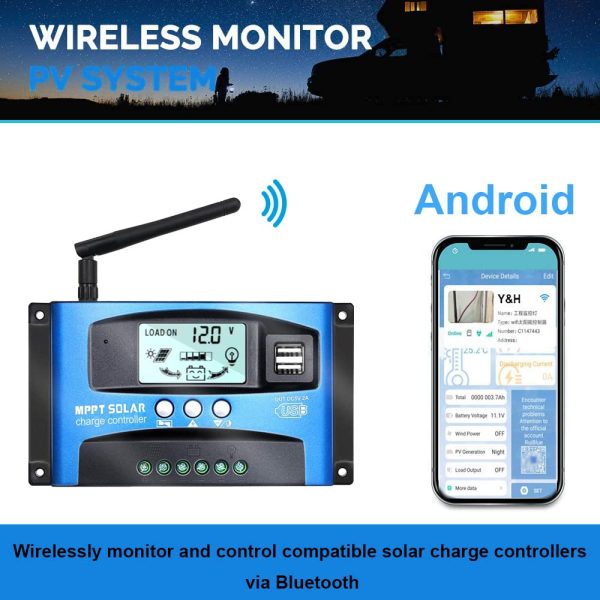 Y&H 30A 12V/24V MPPT Solar Charge Controller w/LCD Display Dual USB and WIFI, Solar Panel Regulator fit for Gel Flooded and Lithium Battery Model: BL912-30A-WIFI (blu) - immagine 7