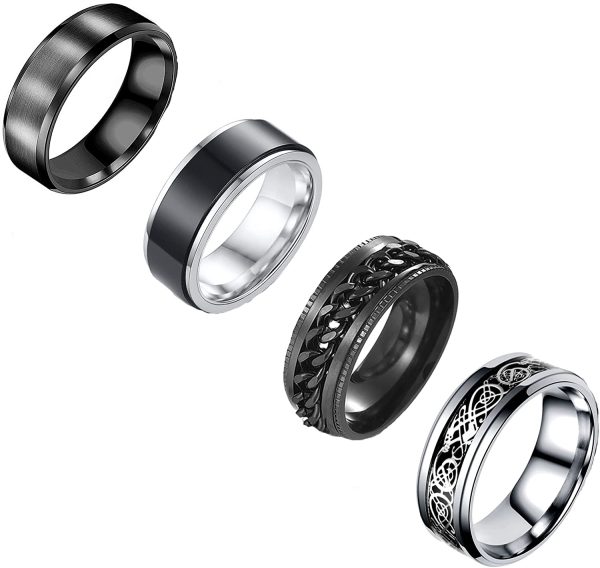 VELESAY 4PCS Set Anello Uomo Acciaio Inossidabile Drago Celtici Nero Anello Vintage Catena Anelli Punk Gotico Set Anelli Acciaio Donna Anello Uomo Nero - immagine 3