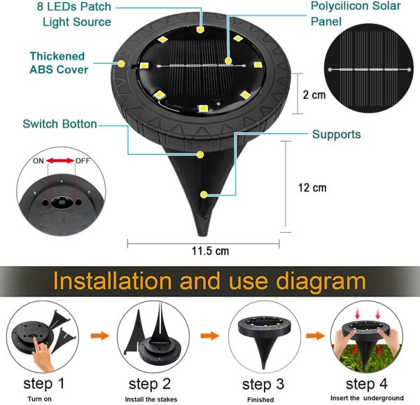 Luci Sepolte,kdorrku 8 Pezzi 8 Led Lampada Solare da Giardino Faretti 100LM Lampade da Incasso a Terra IP66 Luci solari da esterno Impermeabile Luci Gialla Strade prato da piscina Uso - immagine 6