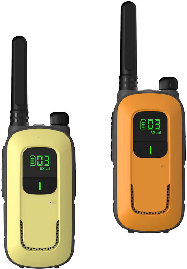 Radioddity Walkie Talkie PR-T3 Ricaricabile per Bambini da 3-12 Anni 16 Canali Ricetrasmittente PMR446 Senza Licenza per la Famiglia, Ricarica Micro-USB (Arancione & Giallo)