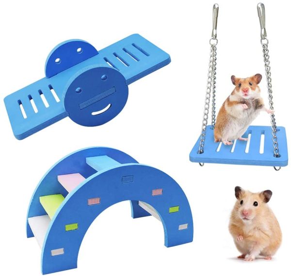 Andiker 3 Pezzi Adorabili Giocattoli da Gioco per Criceti, Ponte Arcobaleno e Altalena Arrampicata e Gioco, Giocattolo per Piccoli Animali Che Spezza la Noia, Gabbia per Criceti Fai-da-Te (Blu) - immagine 4