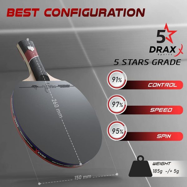 Racchetta da ping pong DRAXX PRO CARBON | 5 stelle | Racchetta da ping pong professionale per allenamento e competizione | compatibile con tutte le palline | gomma regolamentare premium - immagine 4