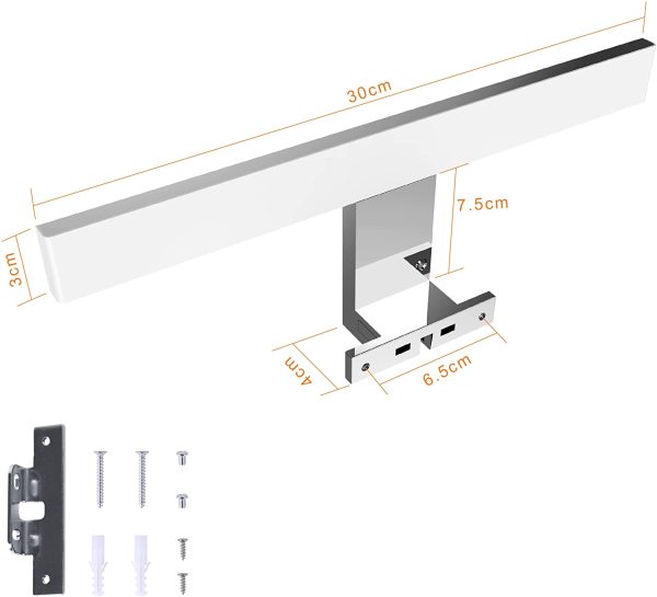 Aourow Lampada da Specchio a LED 5W 500 Lumen,Luce Specchio Bagno 30cm Bianco Freddo 6000K,Applique Specchio Impermeabile IP44,Specchio Armadio Lampada da Bagno,Faretto Specchio Bagno 230V - immagine 6