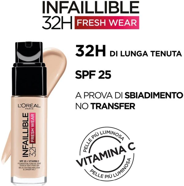 L'Or??al Paris Fondotinta Liquido Infaillible 32h, Coprente a Lunga Tenuta con Protezione Solare SPF25, Formula Waterproof e Idratante, Tonalit??: 015 Porcelaine - immagine 3