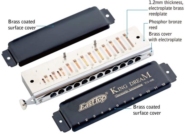 East Top Armonica cromatica chiave di C,12 fori 48 toni King Dream Armonica a bocca professionale per adulti, suonatore di banda, principianti e studenti, come miglior regalo(48K) - immagine 5