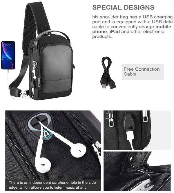 Borsa Uomo Tracolla Zaino Monospalla - Borsello Petto Impermeabile Borse a Spalla Antifurto con Ricarica USB Sling Bag Nero Piccolo Elegante per Lavoro Scuola Trekking Ciclismo - immagine 3