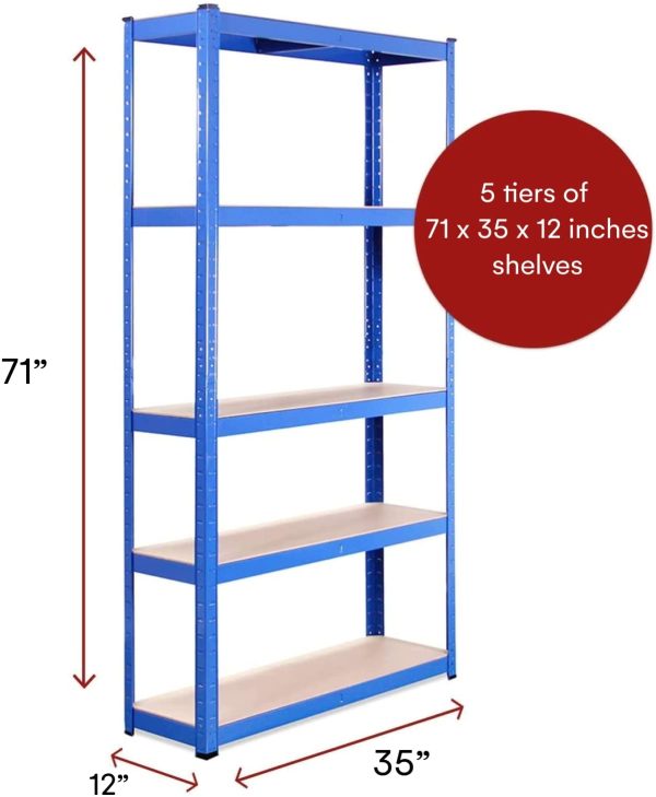 Scaffali in Metallo da Garage: 180 x 90 x 30cm | Scaffali per Carichi Pesanti - 1 Scaffali Blu 5 Ripiani (175KG/Ripiano), 875KG Totale | Per Officina, Magazzino, Ufficio | Garanzia 5 anni - immagine 3