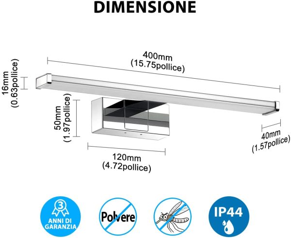 Luce LED da Specchio per Il Bagno,Lunghezza 400mm,IP44 Impermeabile Resistente ad Acqua,Antiruggine,8W,640LM,Luce Bianca Naturale 4000K,Lampada LED Parete Lavabo,Pacco da Una Unit?? - immagine 4