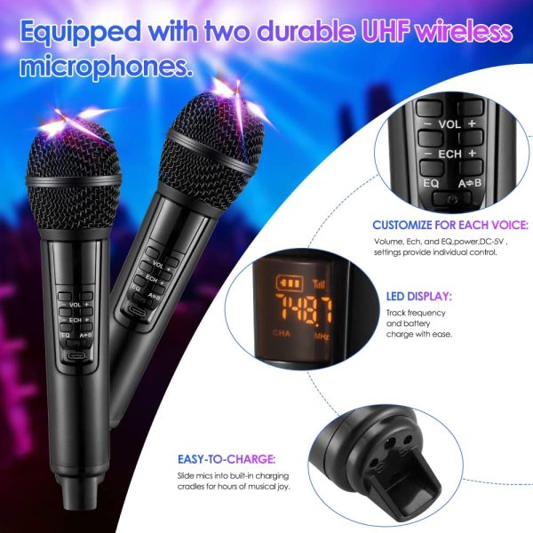 Casse Bluetooth Karaoke con 2 Microfono wireless Pu?? Elimina la canzone originale Impianto Stereo casa Cassa Portatile Bluetooth potente per Casa cantare Party Adulti Bambini (Nero) - immagine 6