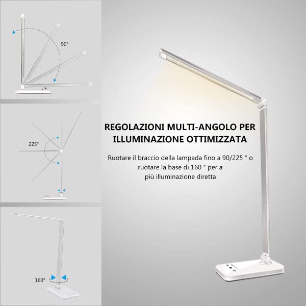 Lampada da Scrivania LED Protezione Degli Occhi, lampada Touch Control Pieghevole per cameretta,ufficio, con porta di ricarica USB, 10 livelli di luminosit?? 5 modalit?? di illuminazione - immagine 2