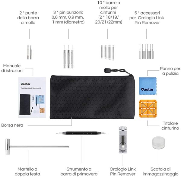 Vastar Orologio Strumento di Rimozione, Kit di Riparazione Orologi, Strumento Riparazione Regolabile per Cinturino Braccialetto di Orologio Link Pin Remover con Perni Supplementari - immagine 5