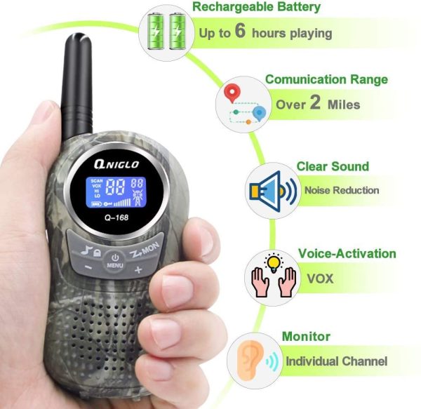 QNIGLO Walkie Talkie Ricaricabili per Bambini, 2 Miglia A Lunga Distanza E 8 Canali, Walkie Talkie con Attivazione Vocale PMR Ricaricabile per Adulti E Bambini - immagine 2