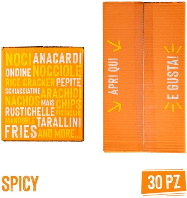 APERIBOX SPICY 30 - Snack Salati dal sapore piccante, sfiziosa box per un aperitivo fai da te con ampia variet?? di snack tra patatine, stuzzichini e frutta secca, Ottima idea regalo - immagine 4