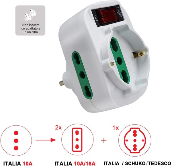 Adattatore Multipresa Tripla,con protezione sovraccarico ed interruttore,Adattatori da Schuko a Spina Piccola 10A,Spina Rotante,Bianco,Confezione da 2 - immagine 4