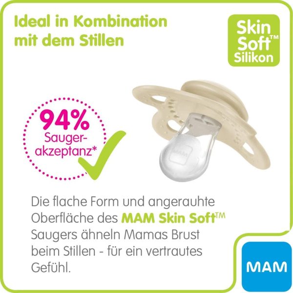 Istruzioni in lingua straniera - MAM Elements - Set di 2 ciucci simmetrici e ortodontici in silicone SkinSoft, forma adatta per l'allattamento, con scatola per ciuccio, 0-6 mesi, colore: beige/menta - immagine 6