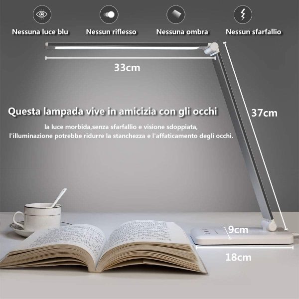 Lampada da Scrivania LED Protezione Degli Occhi, lampada Touch Control Pieghevole per cameretta,ufficio, con porta di ricarica USB, 10 livelli di luminosit?? 5 modalit?? di illuminazione - immagine 5