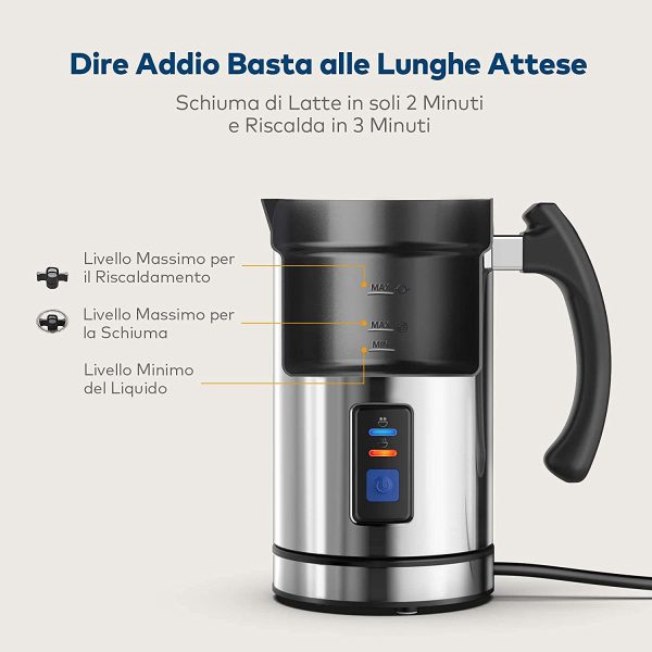 Montalatte Elettrico, 500W Riscaldalatte in Acciaio Inox con Funzione Latte Caldo e Freddo, Schiumatore Automatico per Caff??, Cioccolata Calda, Caff?? Macchiato, Cappuccino, Scaldalatte Elettrico - immagine 4